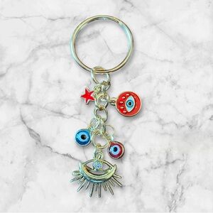 Gold Evil Eye Keychain with Red and Blue Charms